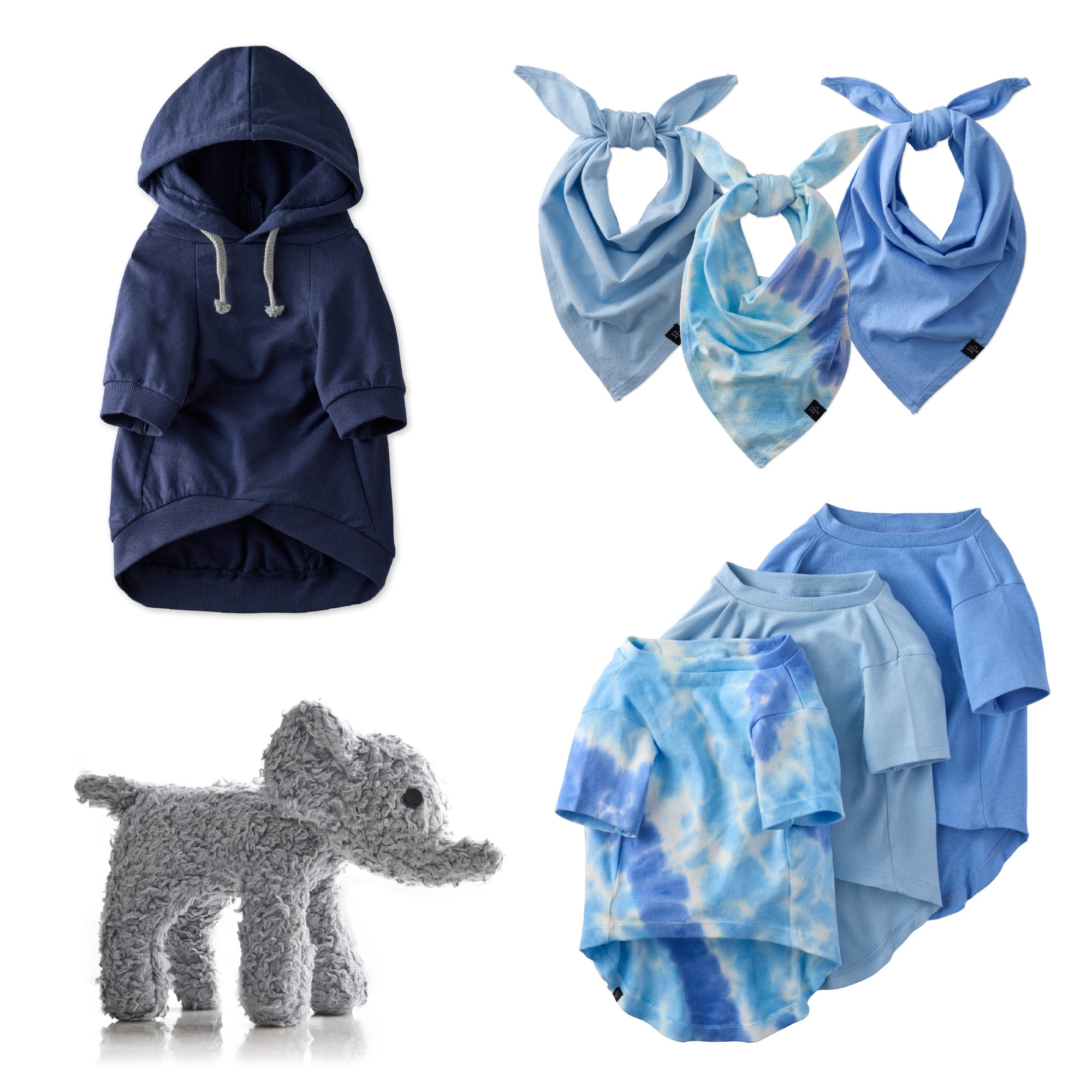 Peace & Love Dog Gift Set in Blue Tie Dye - shirt, hoodie, bandana and plush from Pet Passion