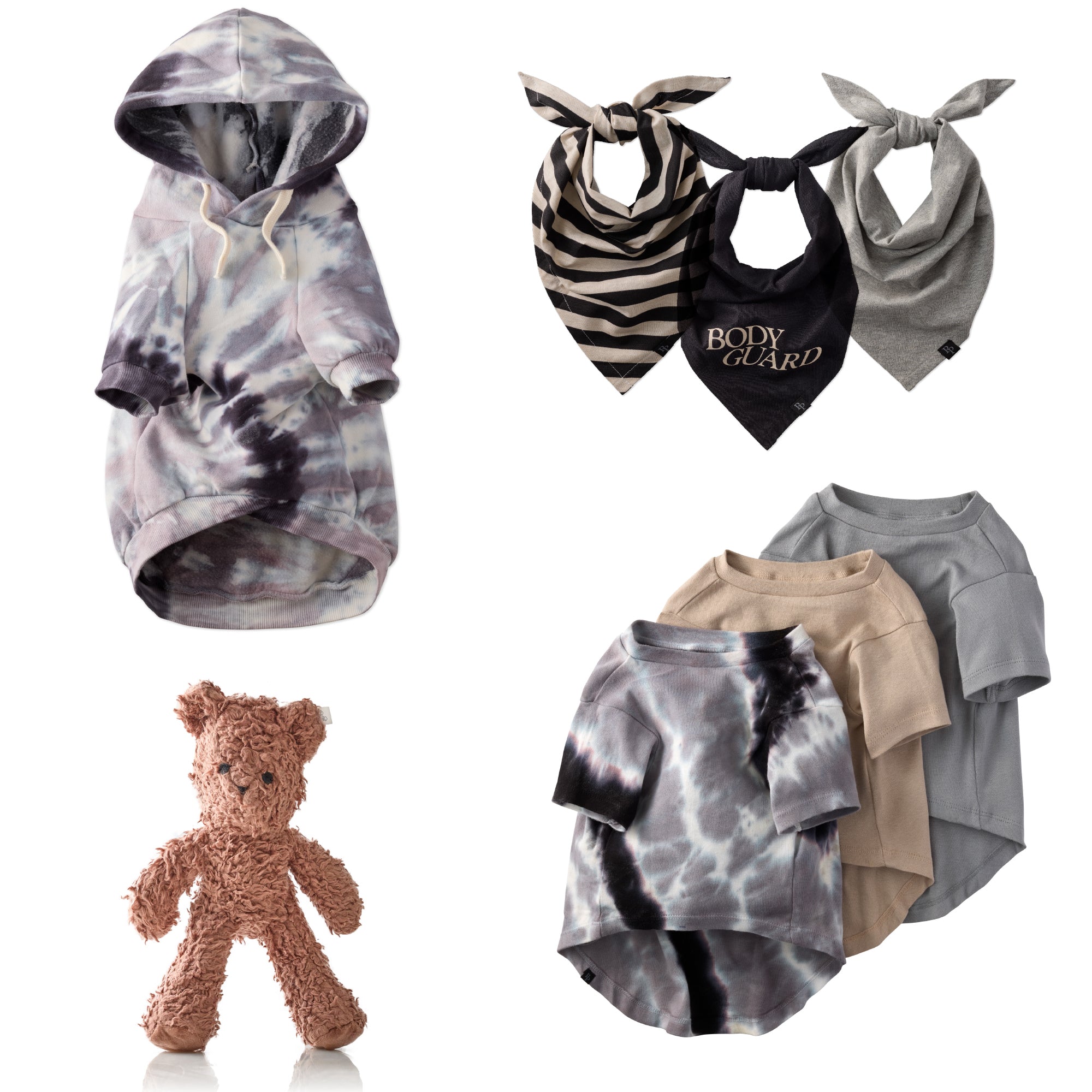Peace & Love Dog Gift Set in Black Tie Dye - shirt, hoodie, bandana and plush from Pet Passion