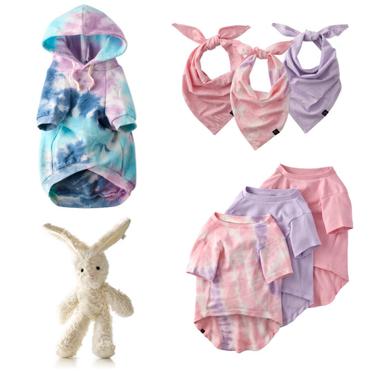 Peace & Love Dog Gift Set in Pink Tie Dye - shirt, hoodie, bandana and plush from Pet Passion