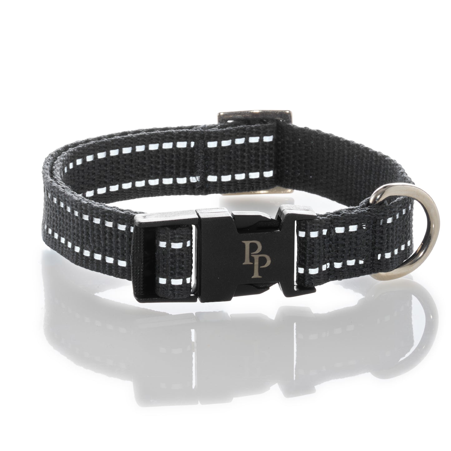 Navy blue dog collar with reflective stripes and a silver buckle on a white background