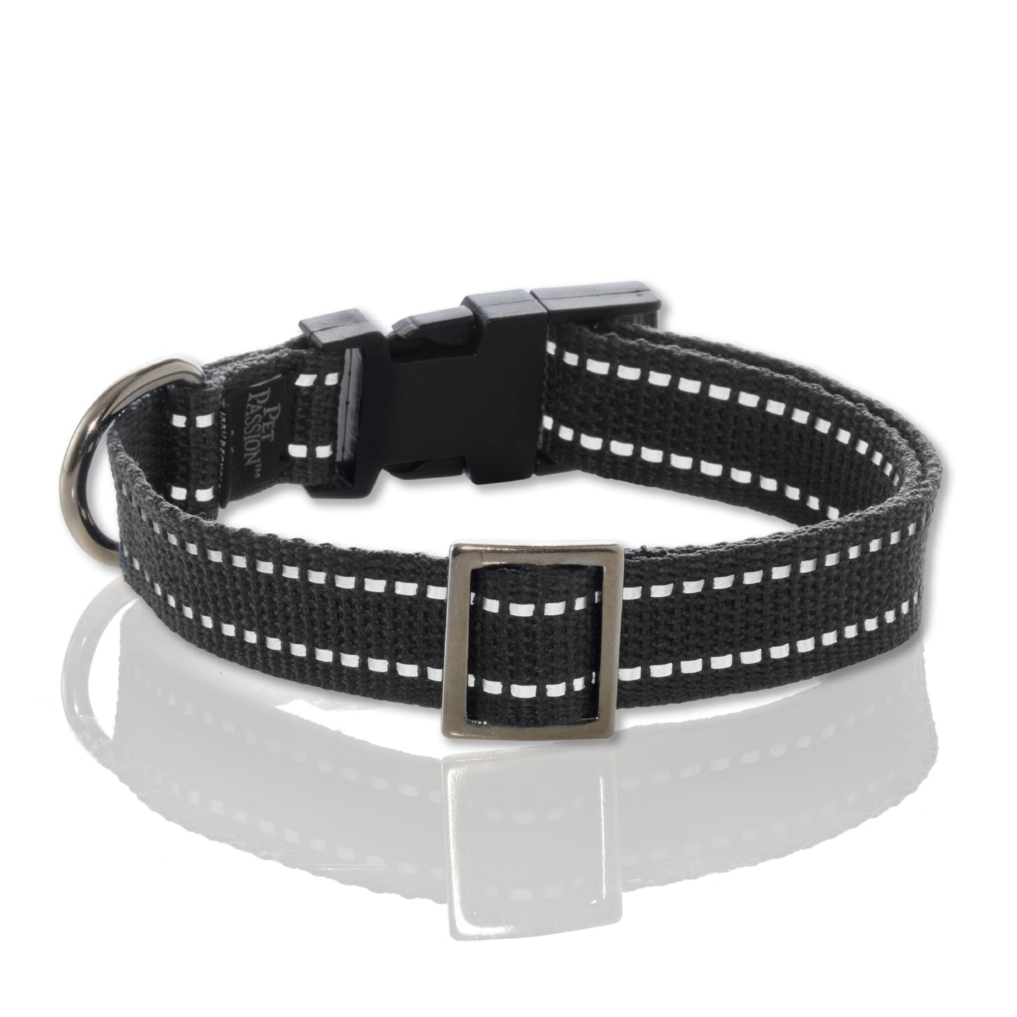 Black dog collar with reflective stripes on a white background