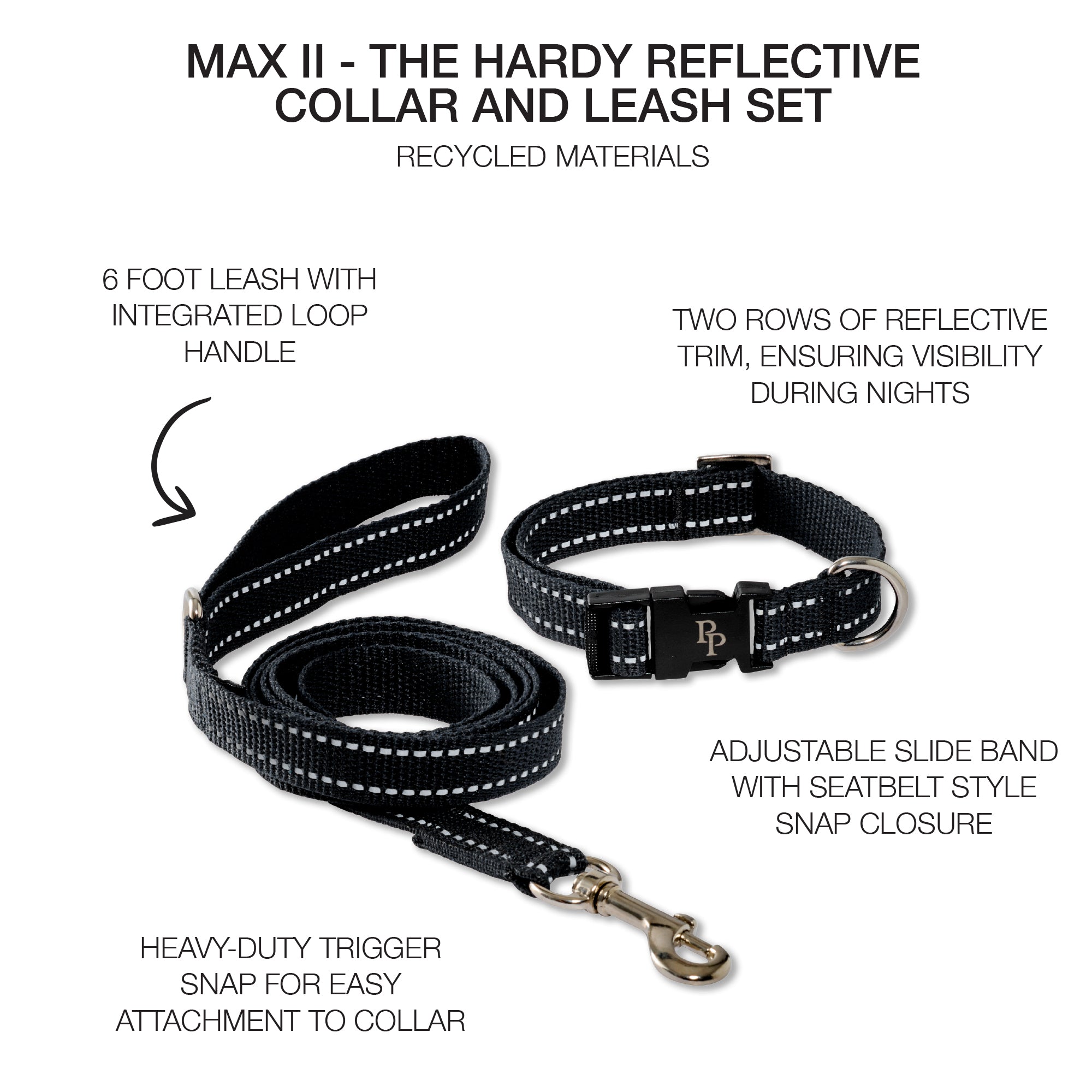Black dog collar and leash set with reflective trim on a white background