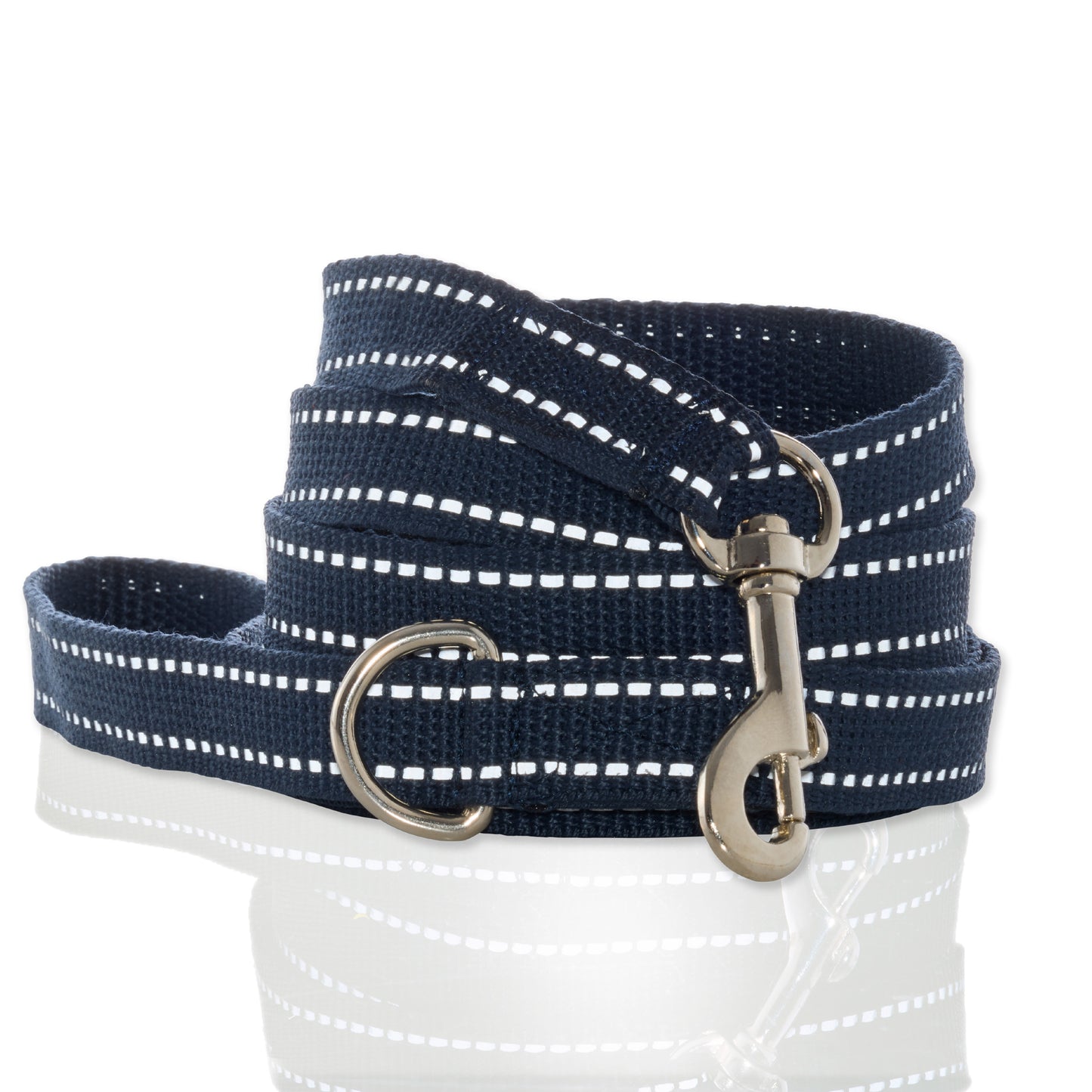 Navy blue dog leash with white stripes and brass clasp on a white background