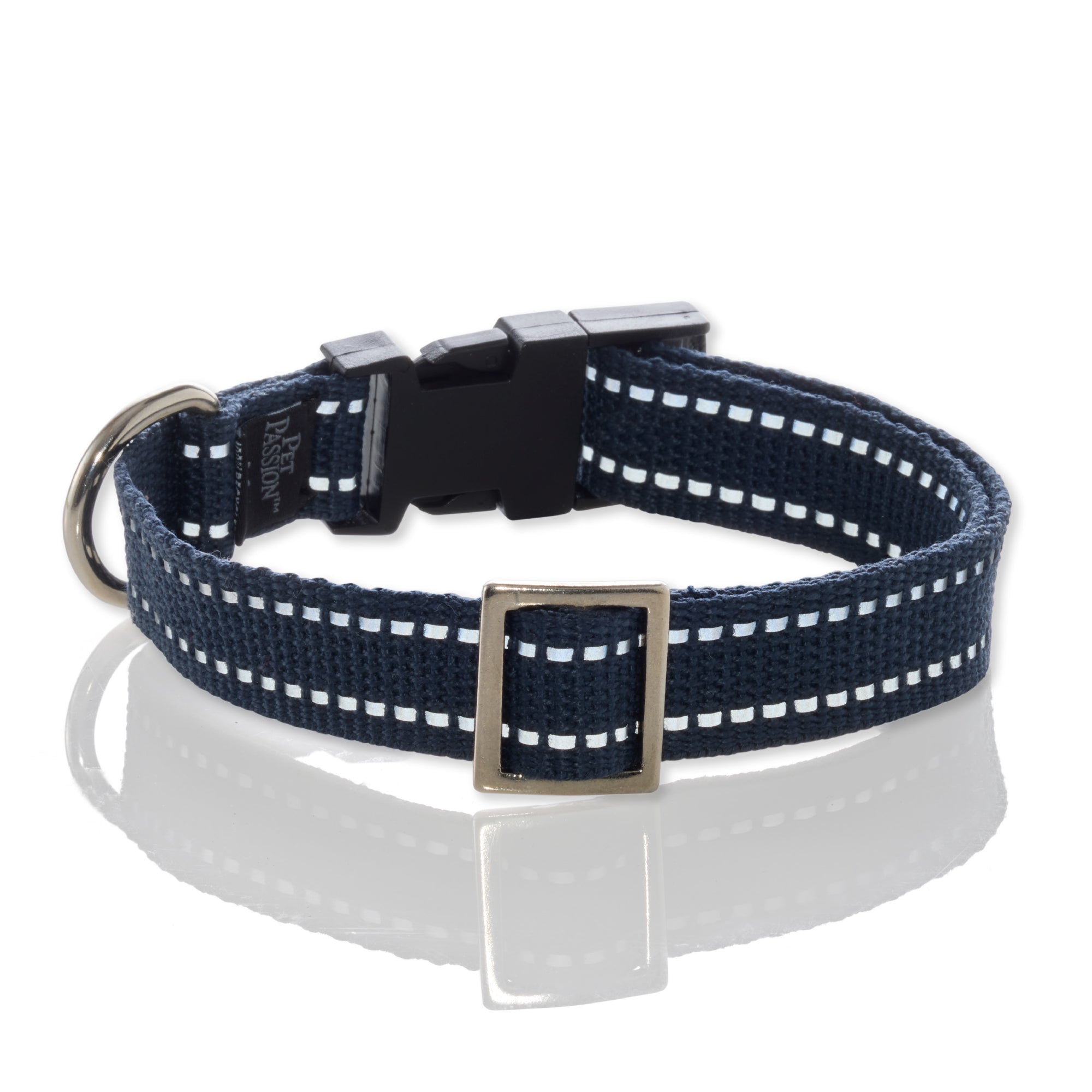 Navy blue dog collar with reflective stripes on a white background