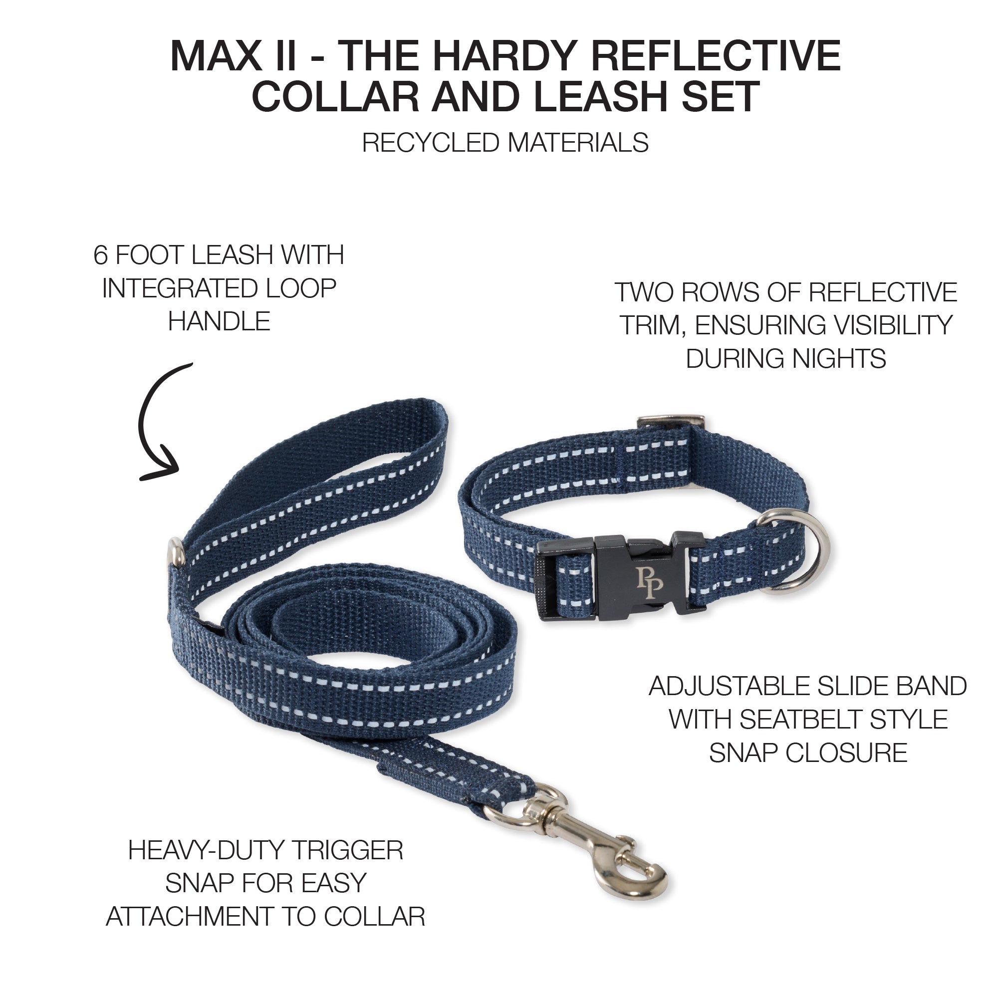 Dog collar and leash set with reflective trim and recycled materials on a white background