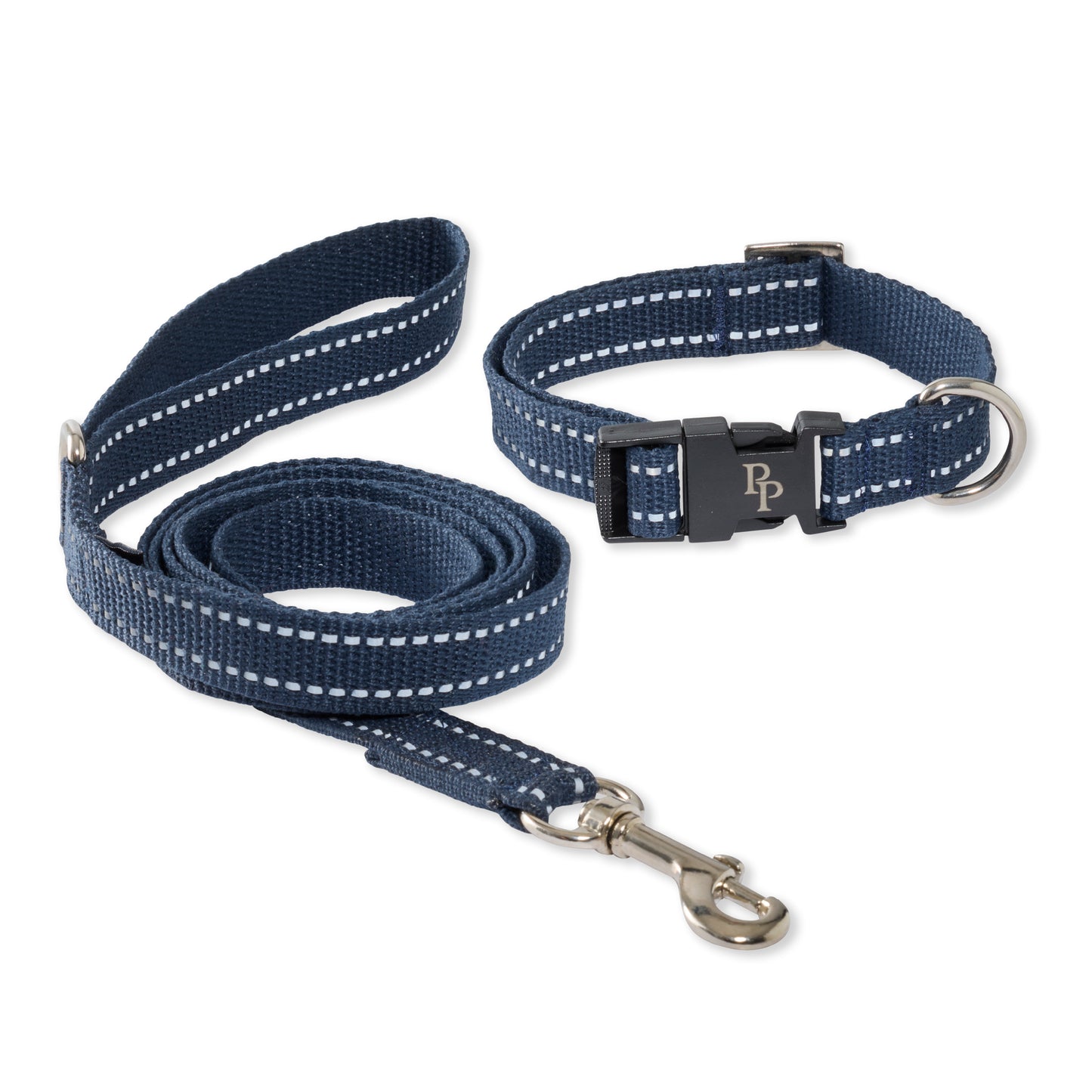 Navy blue dog collar and leash set on a white background