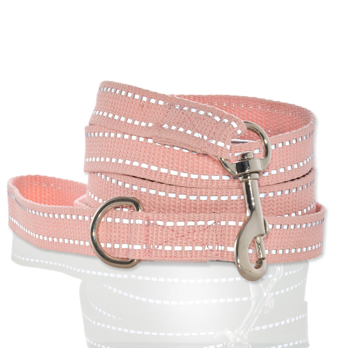 Pink dog leash with reflective stripes and metal clips on a white background