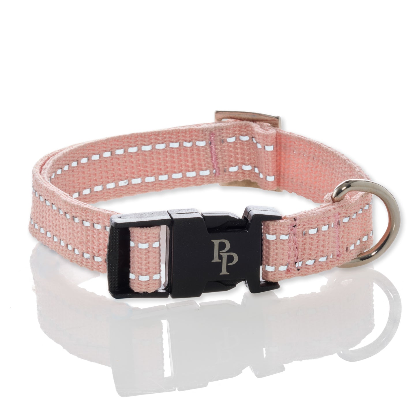 Pink dog collar with reflective stripes and a black buckle on a white background