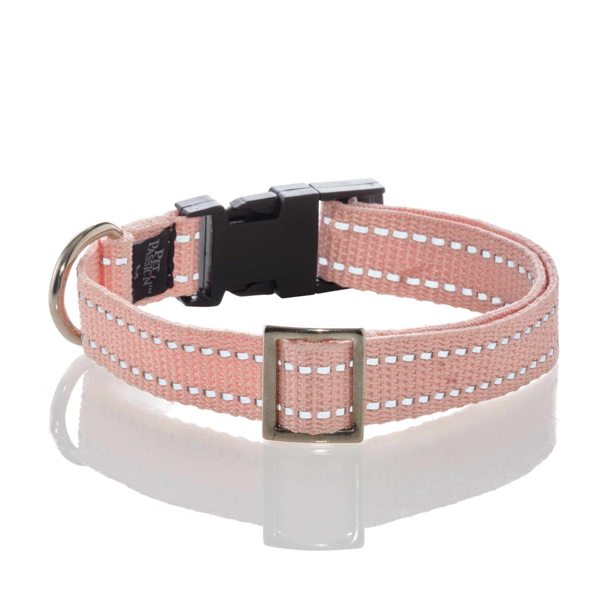 Pink dog collar with reflective stripes on a white background