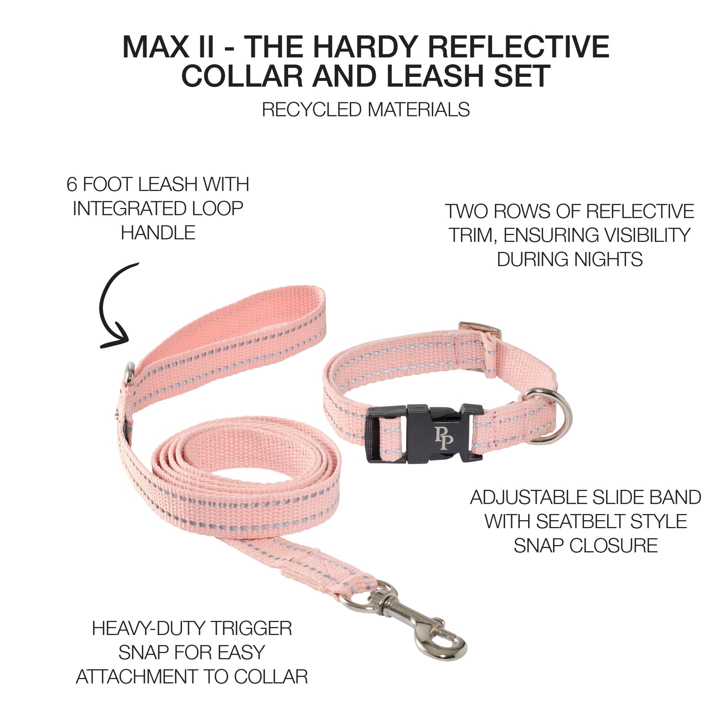 Pink dog collar and leash set with reflective trim on a white background