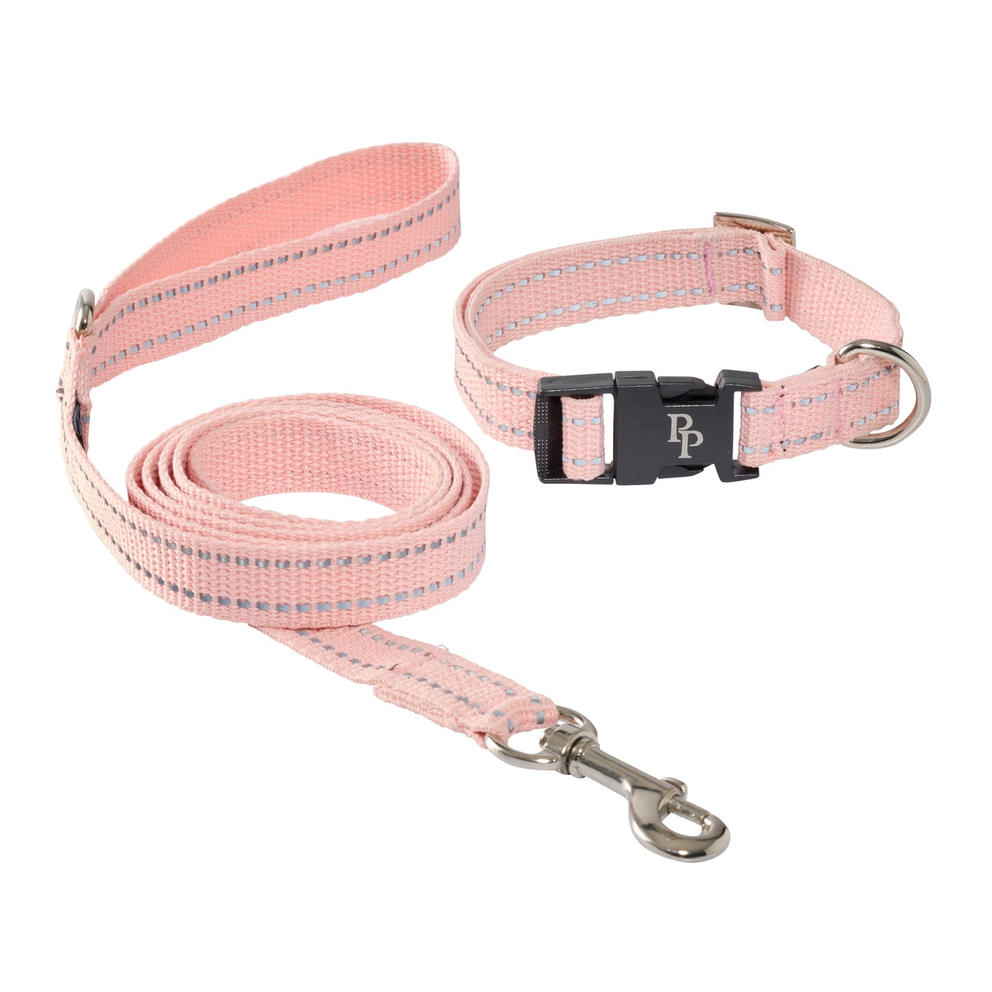 Pink dog collar and leash set on a white background