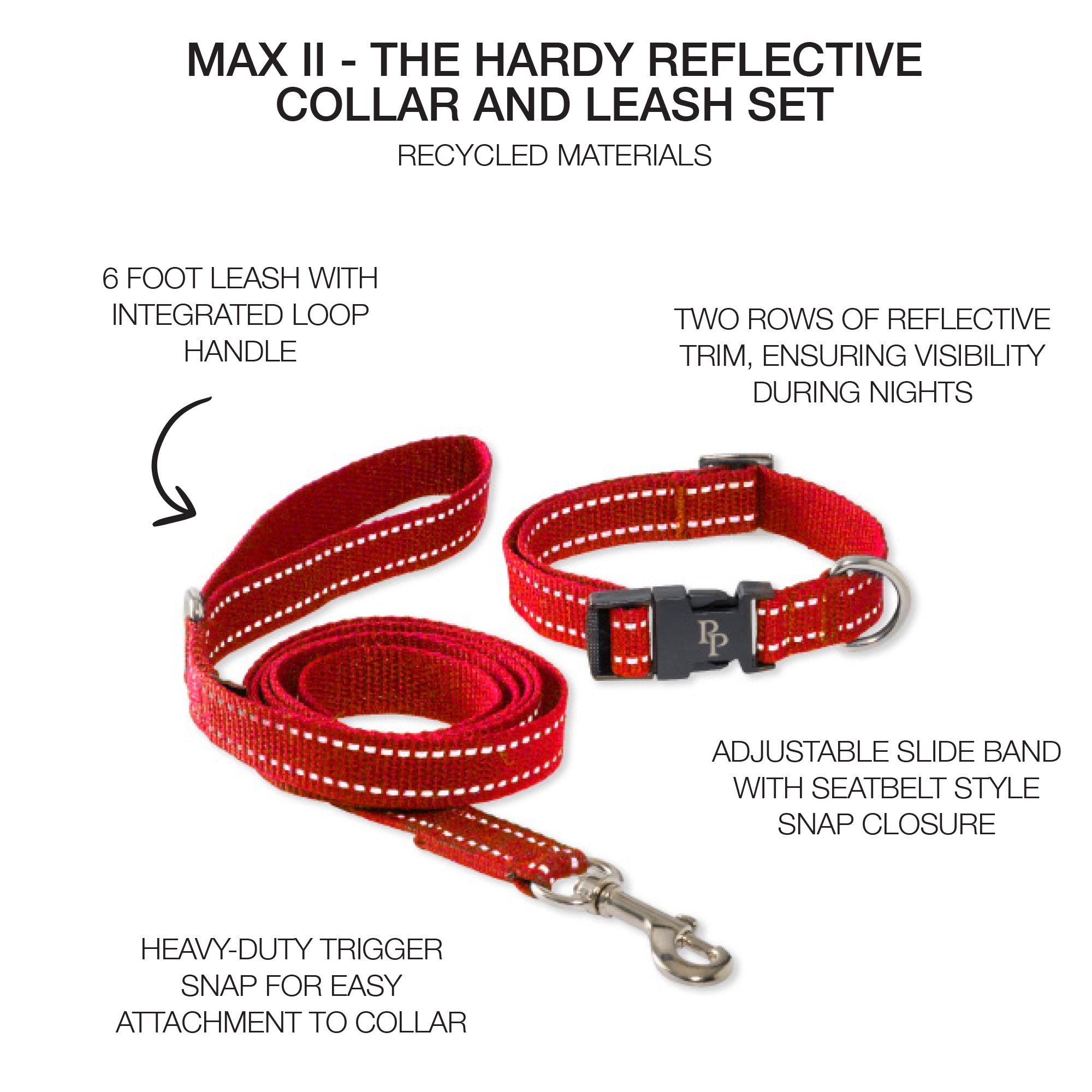 Pet Passion Max II hardy reflective dog leash and collar set in Red — durable nighttime walking gear with reflective stripes