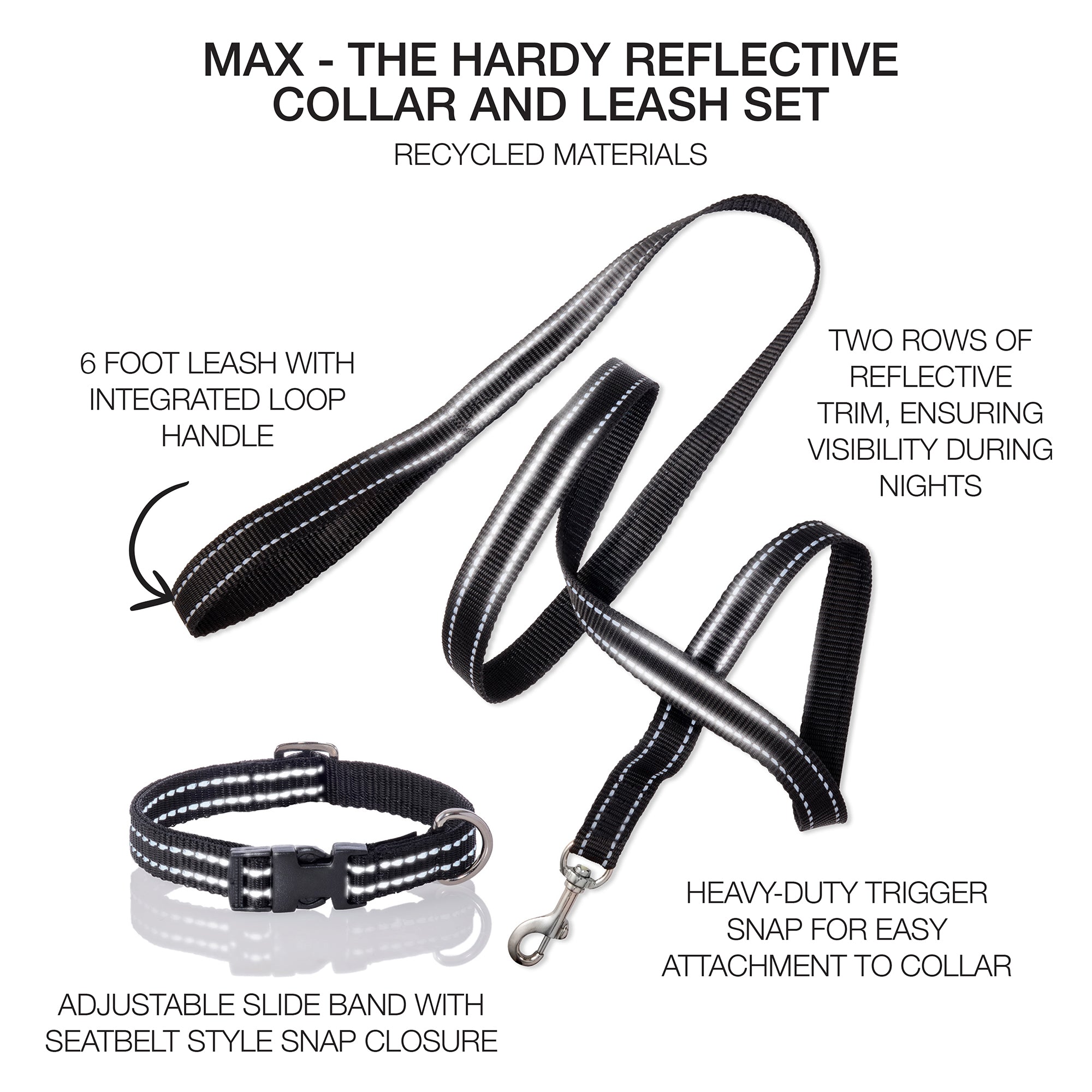 MAX - THE HARDY REFLECTIVE LEASH & COLLAR, 2-PACK, BLACK