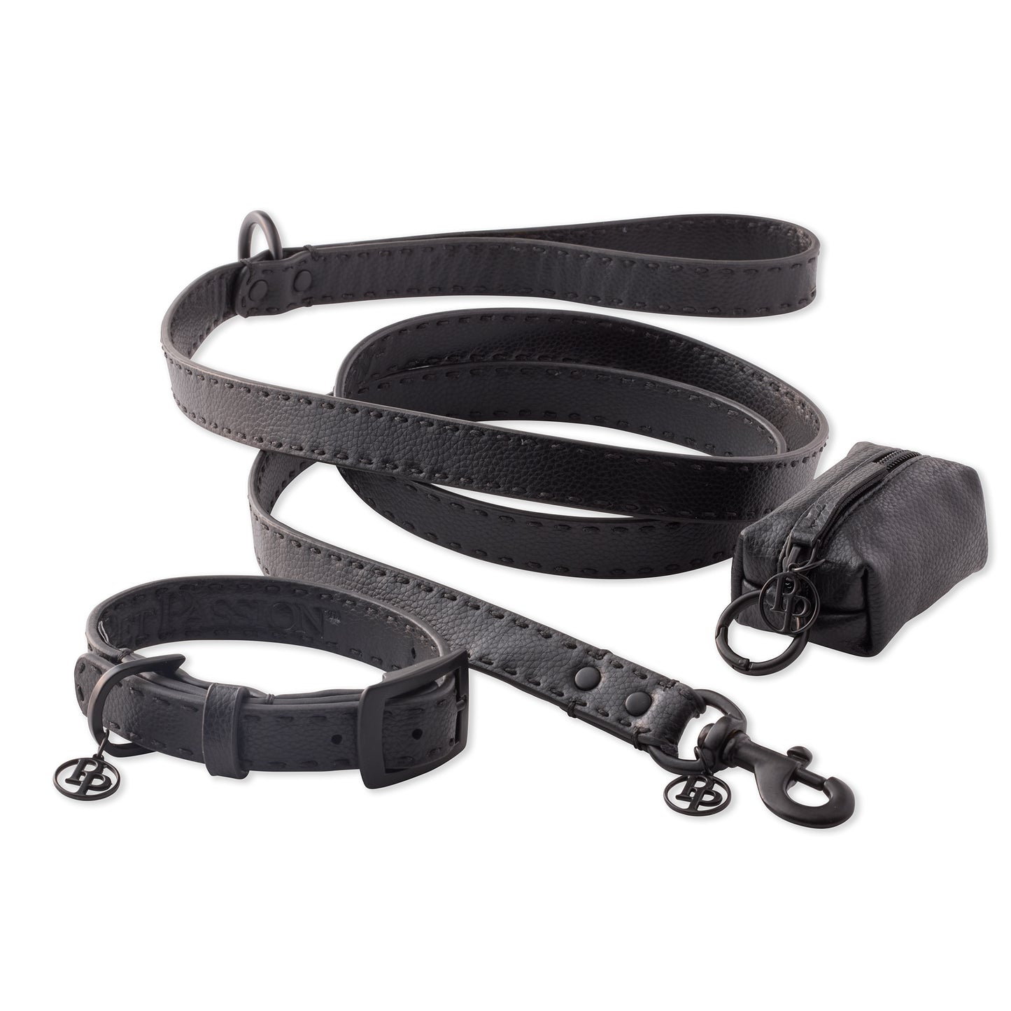 Let It Rein Collar, Leash & Caddy Set in Black Beauty - Pet Passion vegan leather dog walking set