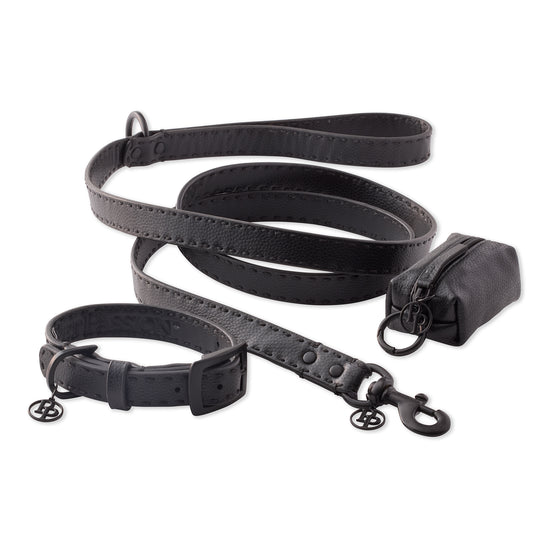 Let It Rein Collar, Leash & Caddy Set in Black Beauty - Pet Passion vegan leather dog walking set
