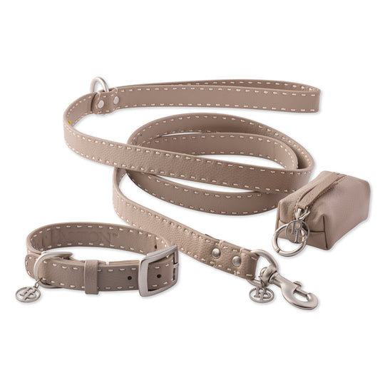 Let It Rein Collar, Leash & Caddy Set in Dappled Cashmere - Pet Passion vegan leather dog walking set