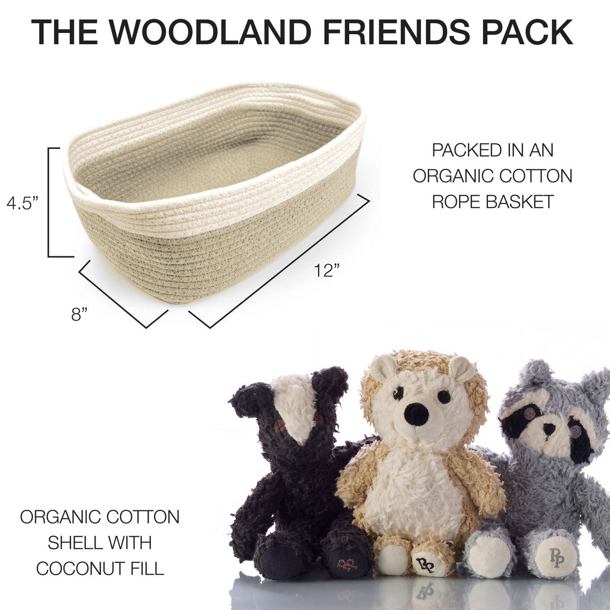 Three's Company woodland animal plush dog toys on white background