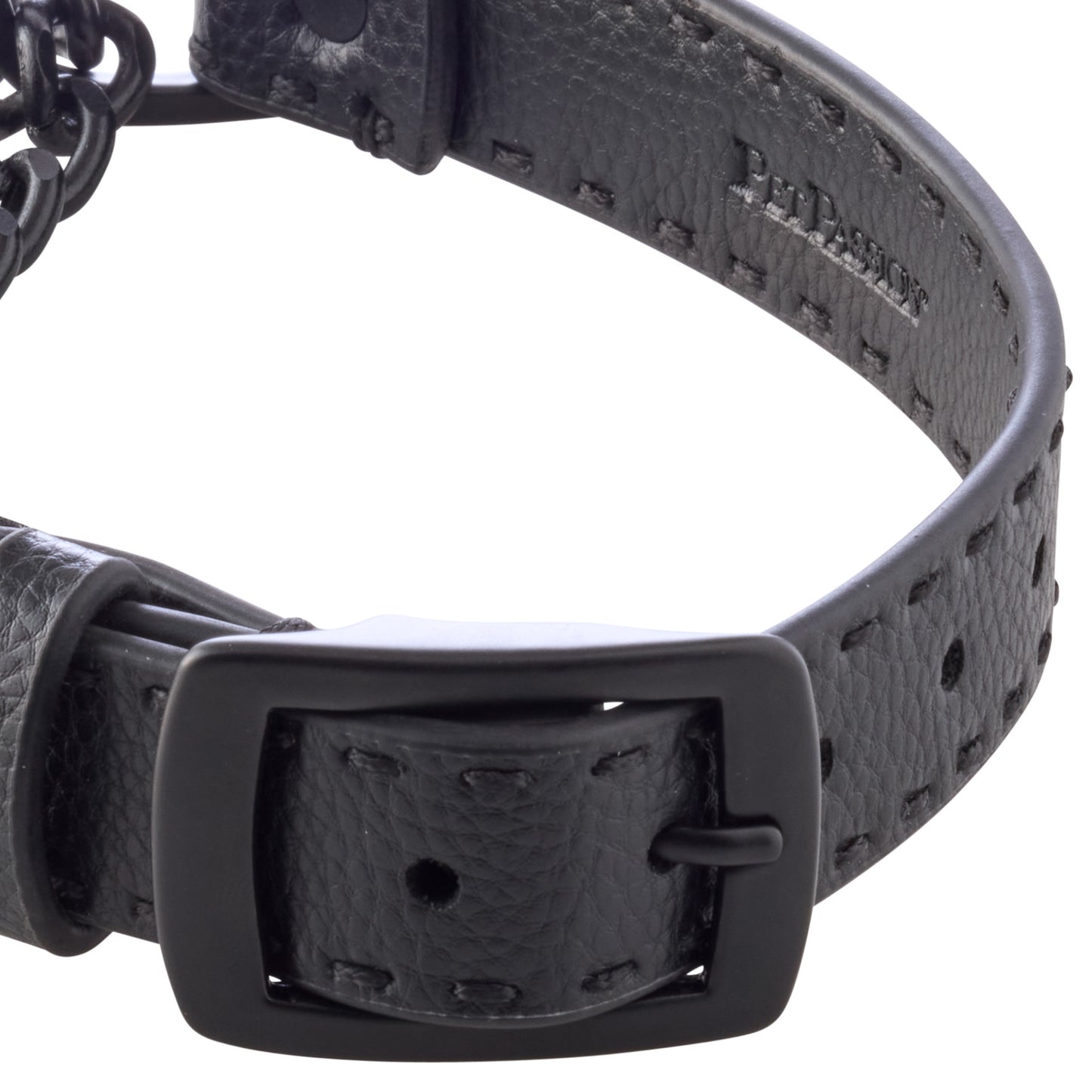 Close-up of collar buckle hardware and stitching. 