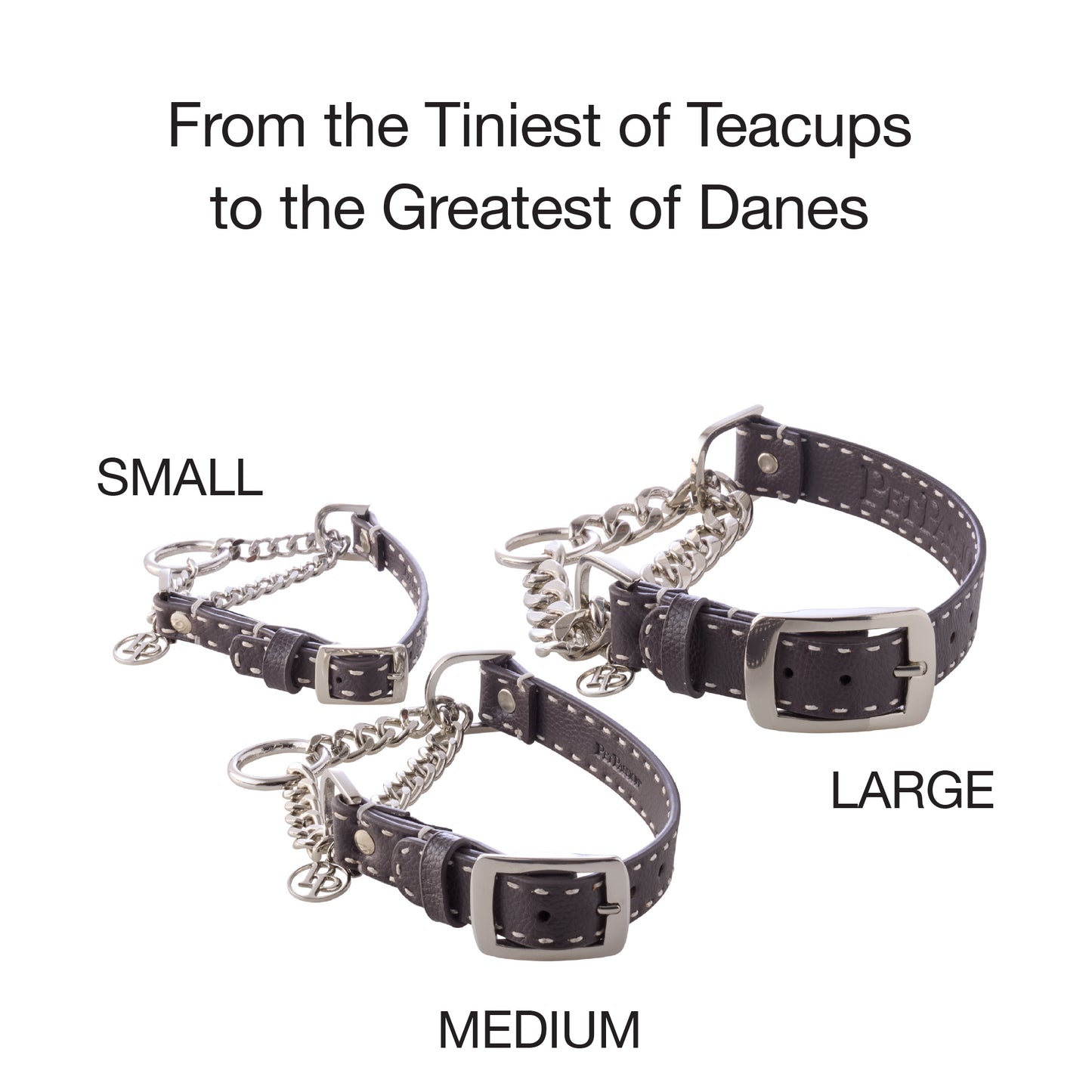 Layout of small, medium, and large collars all together on a white background.