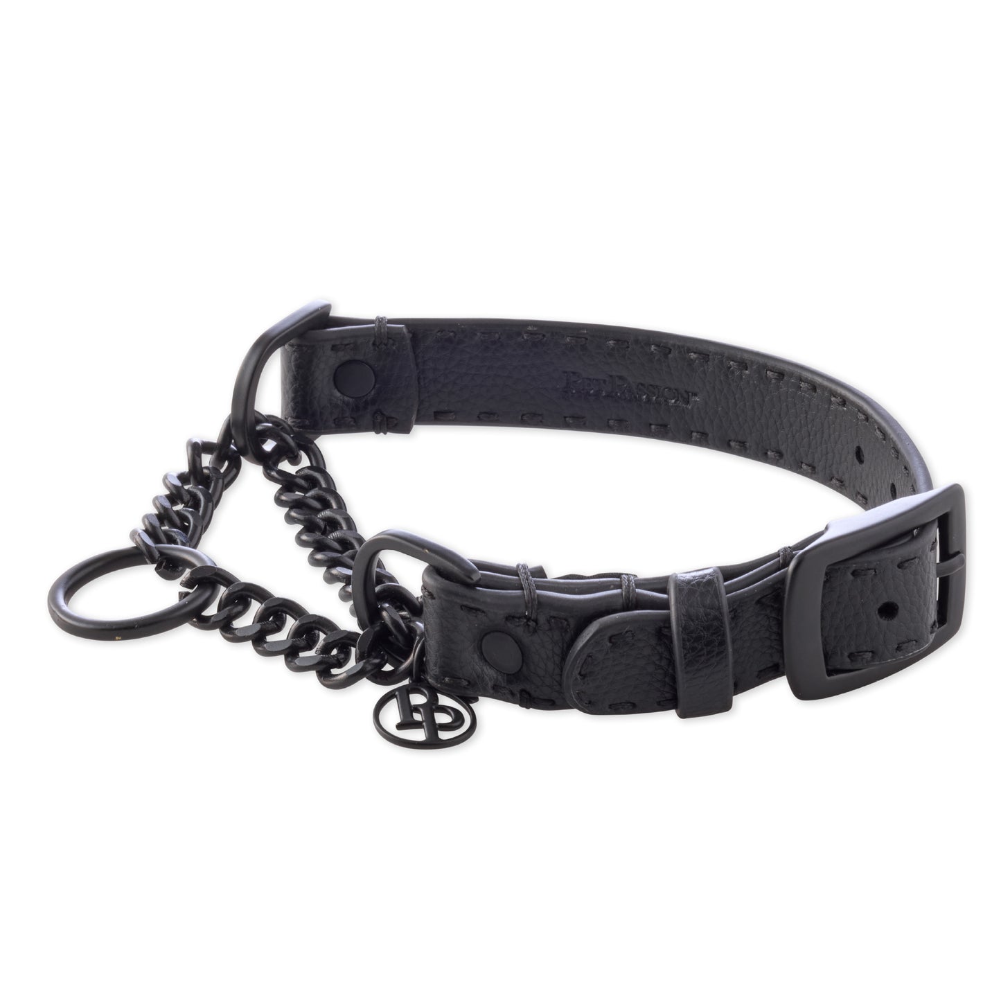 Vegan Rein Leather Martingale Collar in Black Beauty on a white background