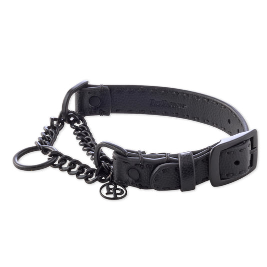 Vegan Rein Leather Martingale Collar in Black Beauty on a white background