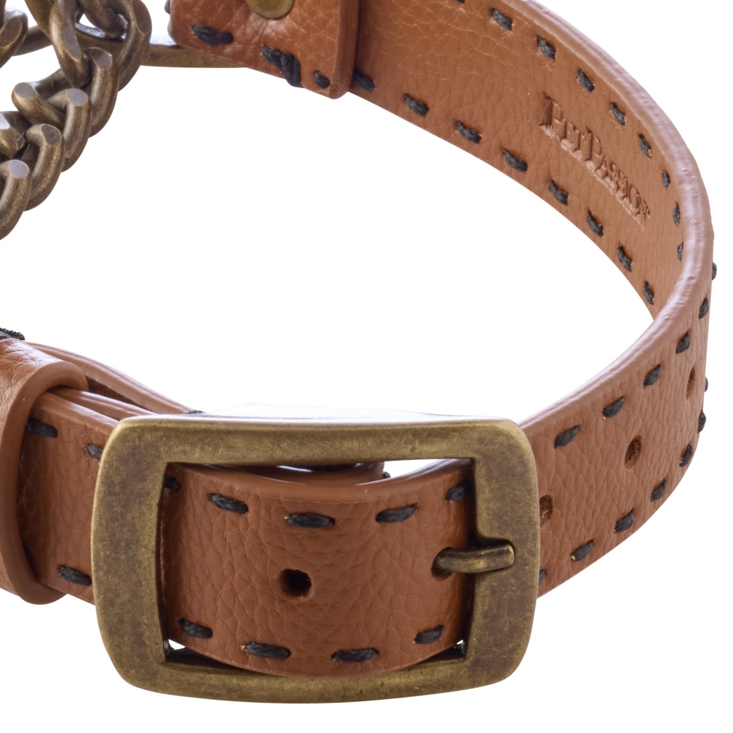 Close-up of collar buckle hardware and stitching. 