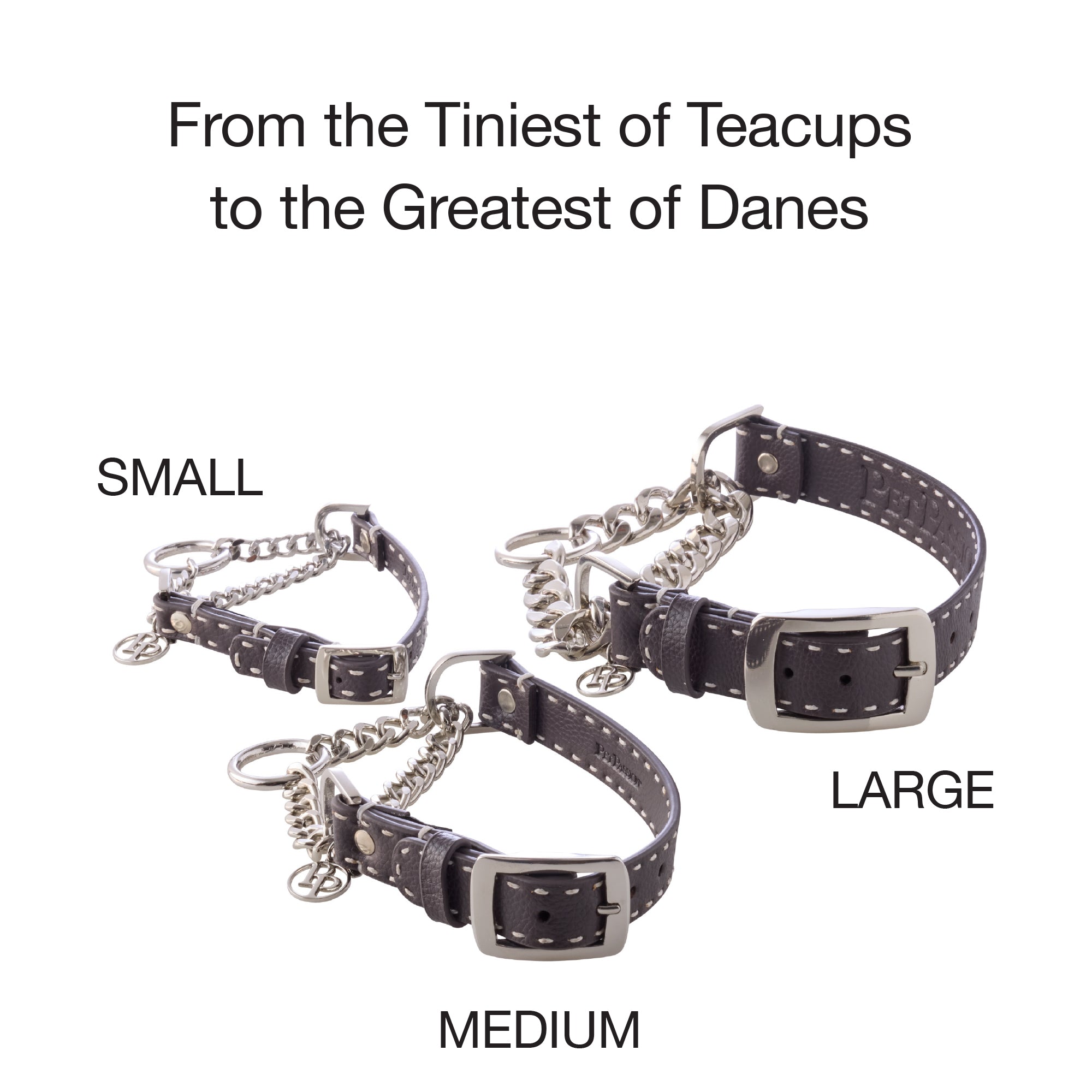 Layout of small, medium, and large collars all together on a white background.