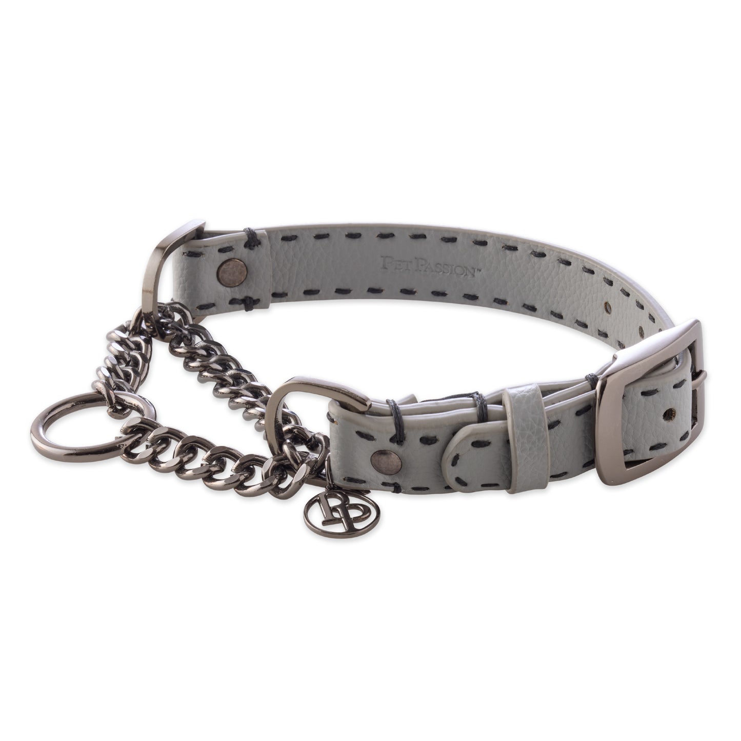 Vegan Rein Leather Martingale Collar in Gray on a white background