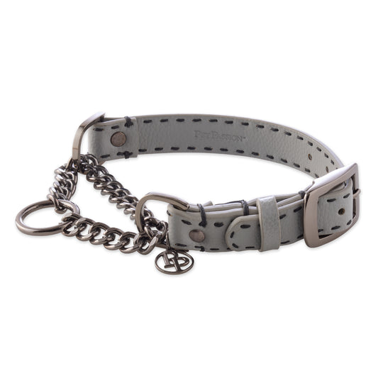 Vegan Rein Leather Martingale Collar in Gray on a white background