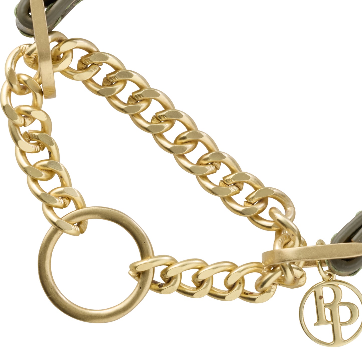 Close-up of martingale chain link collar mechanism. 