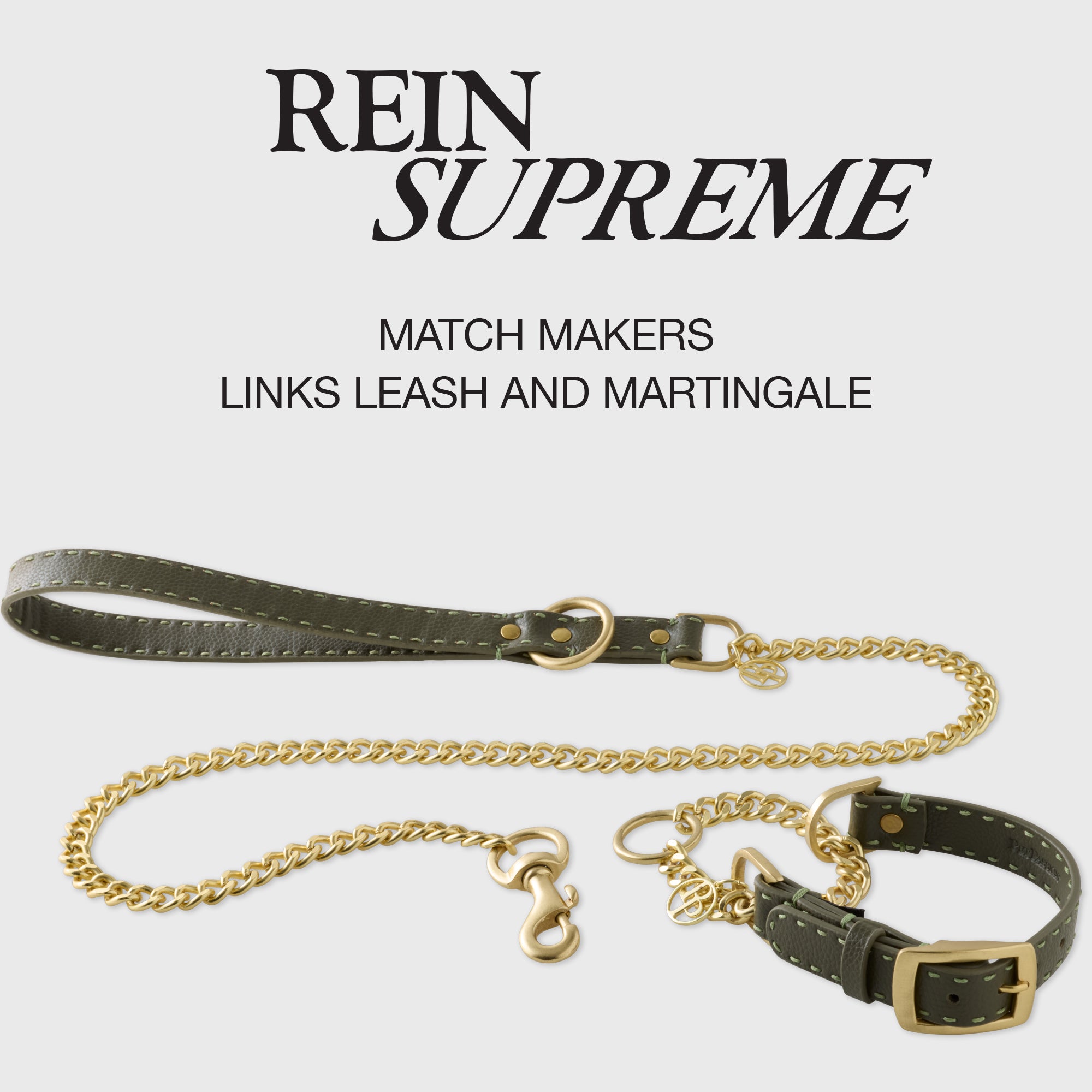 Rein Supreme product page with Link Leash and Martingale layout in Scottish Olive