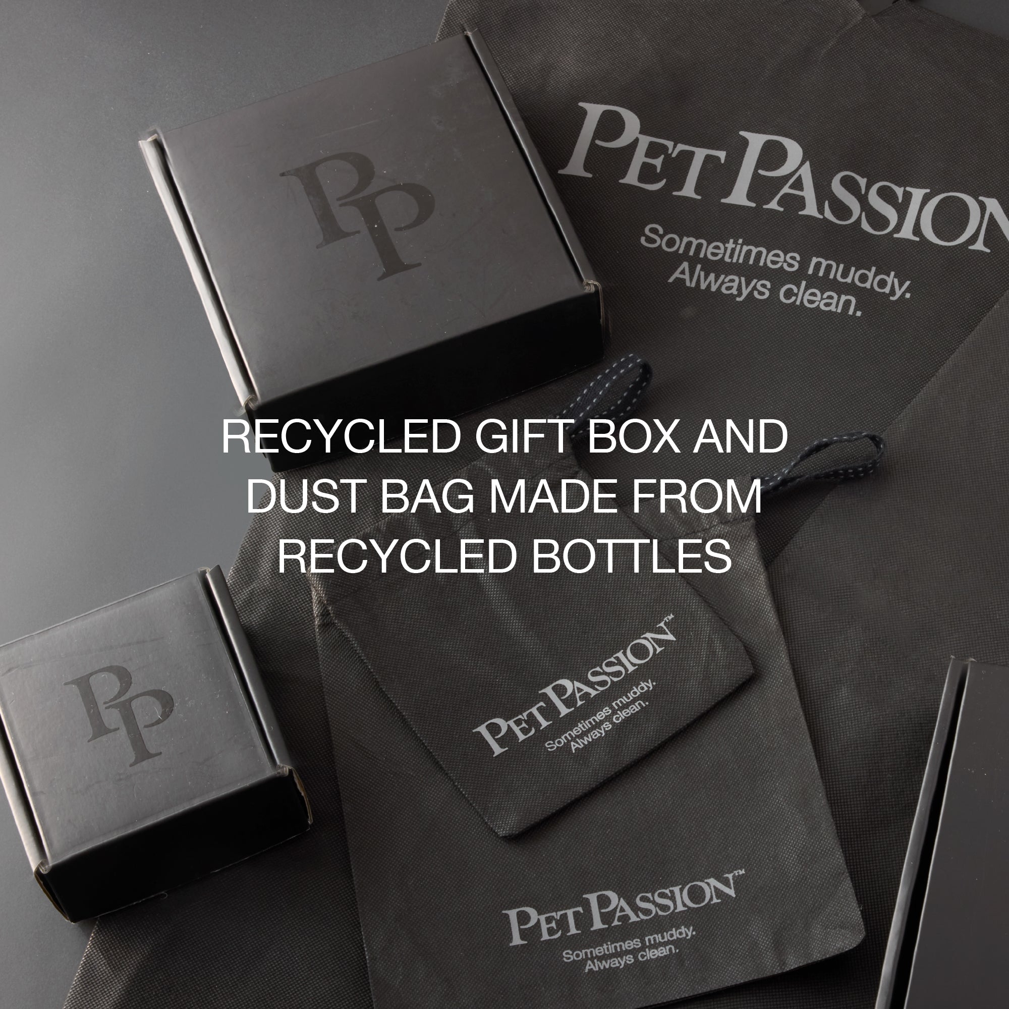 Recycled gift box and dust bag made from recycled bottles caption with layout of packaging in background.