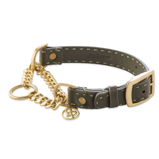 Vegan Rein Leather Martingale Collar in Scottish Olive on a white background