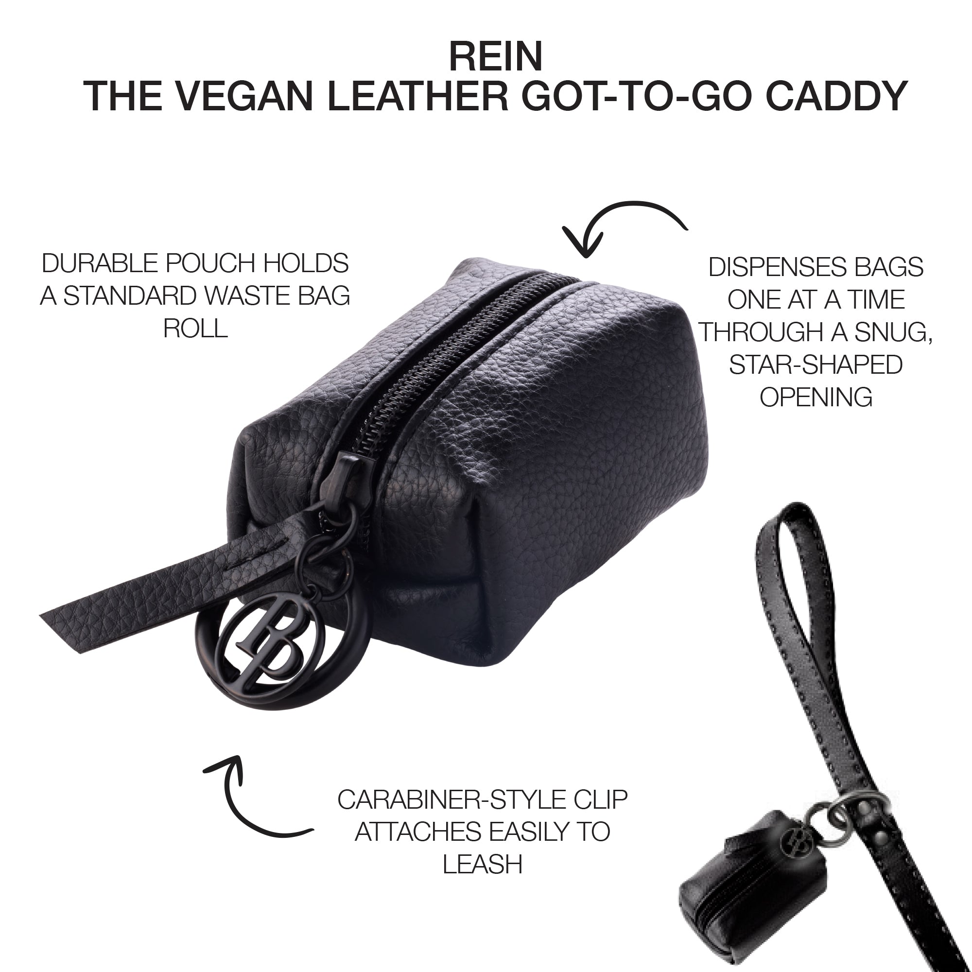 Rein Caddy in Black Beauty with Product descriptions surrounding it and leash detail in the background