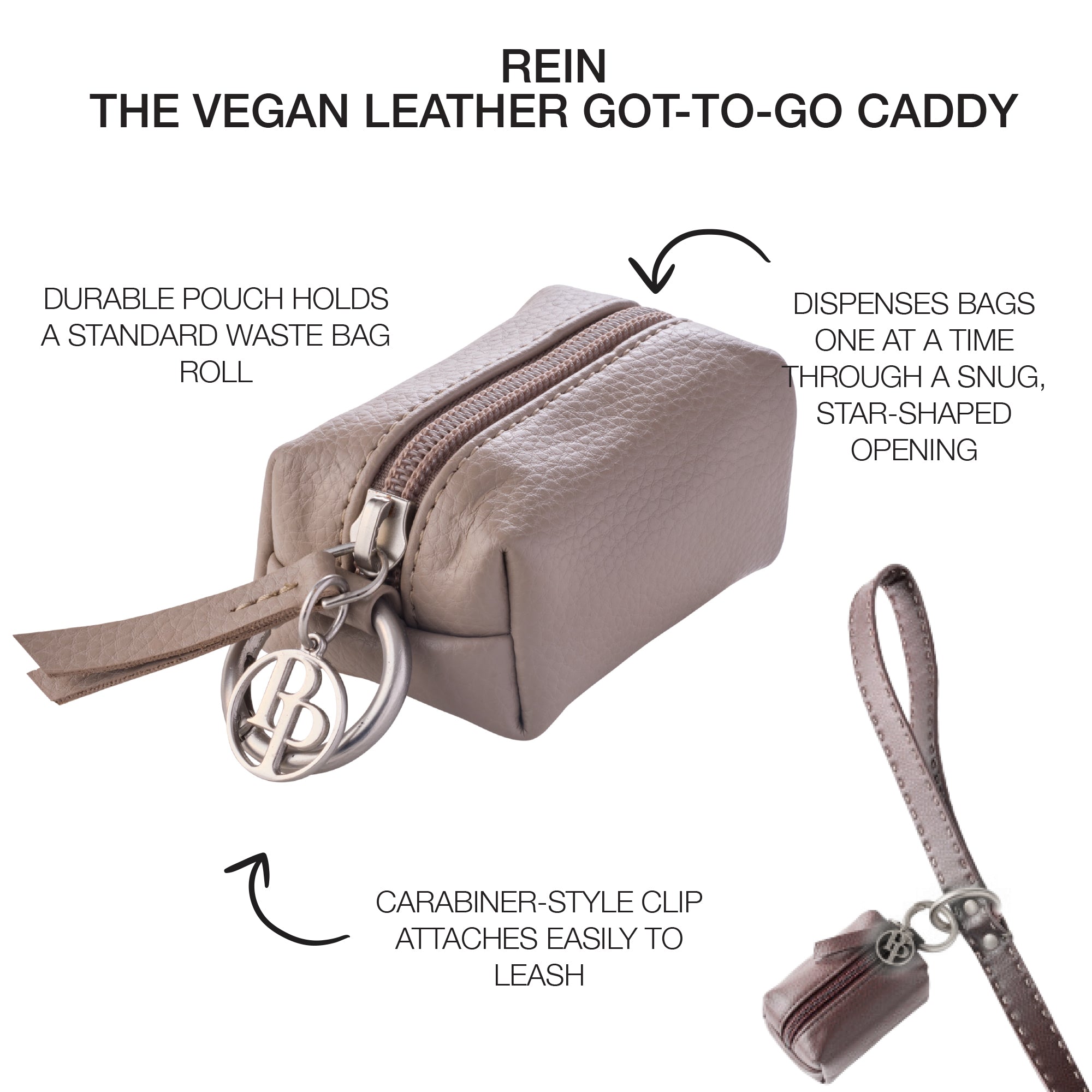 Pet Passion Rein vegan leather Got to Go waste bag caddy in Dappled Cashmere — luxury walking accessory with built-in dispenser