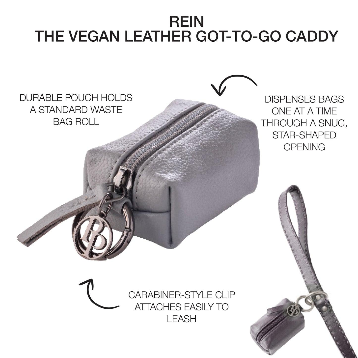 Rein Caddy in Gray with Product descriptions surrounding it and leash detail in the background