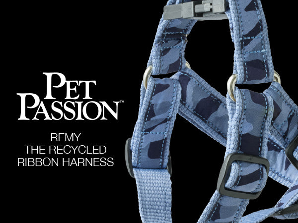 Camouflage-patterned pet harness with 'Pet Passion' branding on a black background