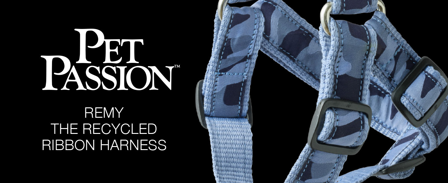 Blue camouflage pet harness with 'Pet Passion' branding on a black background