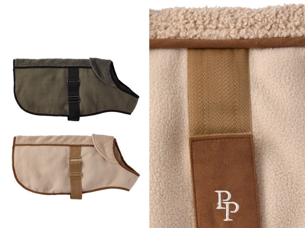 Two dog coats in green and beige with a textured blanket featuring a logo on a white background.