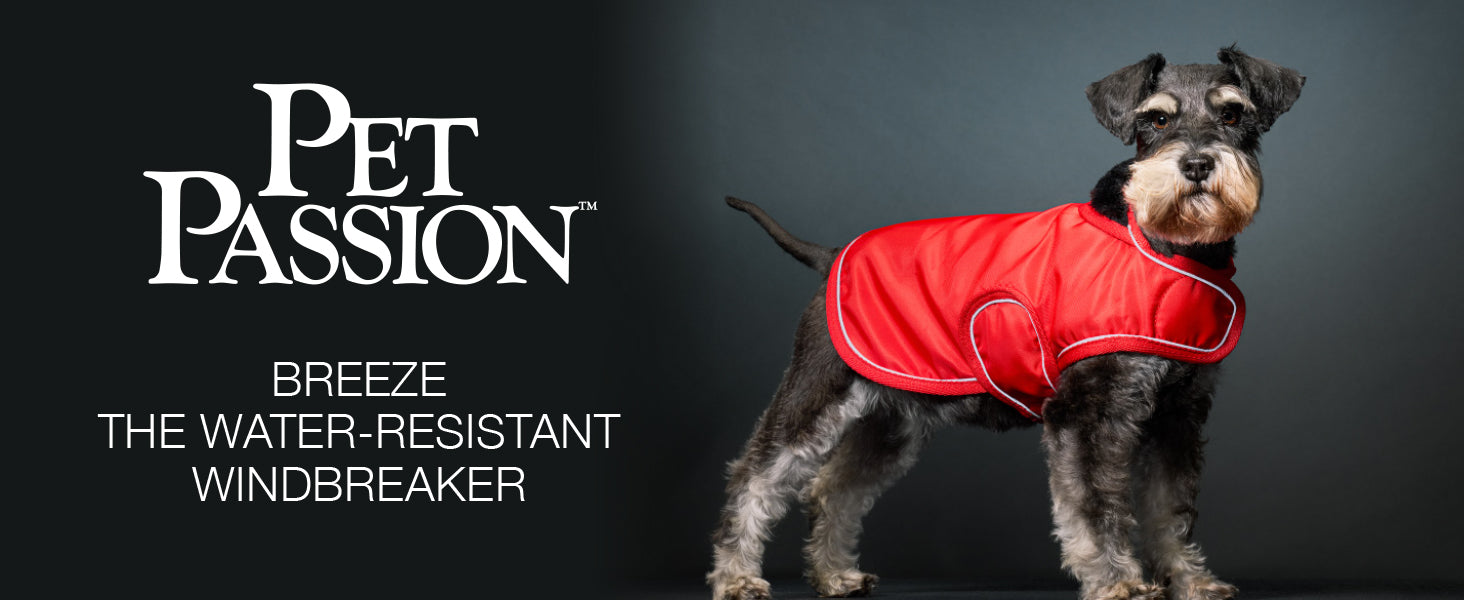 Dog wearing a red windbreaker with 'Pet Passion' branding on a dark background