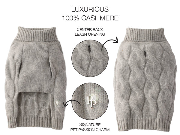 Gray cable knit dog sweater with brand logo and feature text on a white background