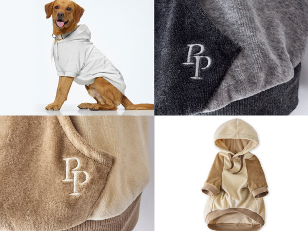 Dog wearing a hoodie with a brand logo, close-up of the logo on fabric, and two dog hoodies.