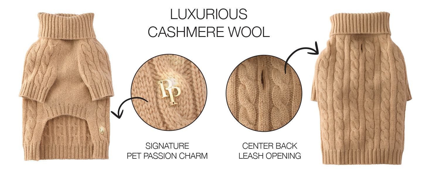 Beige pet sweater with cashmere wool details, brand logo, and features on a white background.