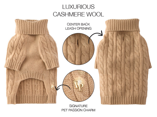 Beige cashmere pet sweater with detailed features on a white background