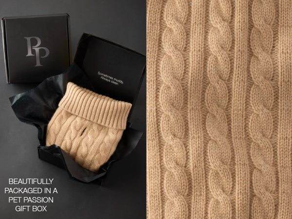 Beige knitted pet sweater in a black gift box with 'Pet Passion' branding.