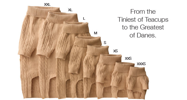 Set of brown dog sweaters with size chart on a white background
