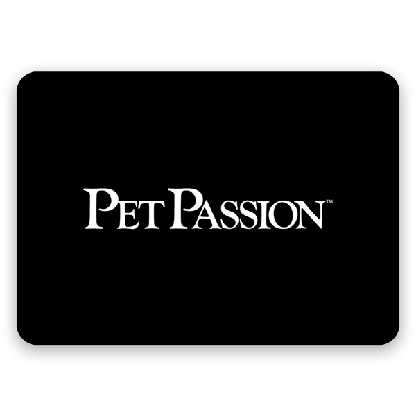 Black gift card with 'Pet Passion' logo on a white background