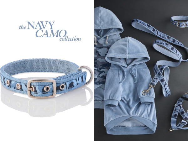 Navy Camo collection with dog hoodie, collar, and leash on a dark background