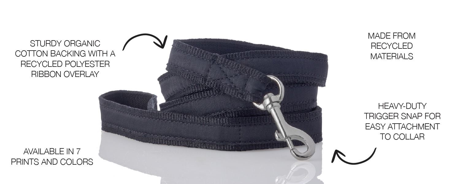 Black dog leash with recycled materials and trigger snap on a white background