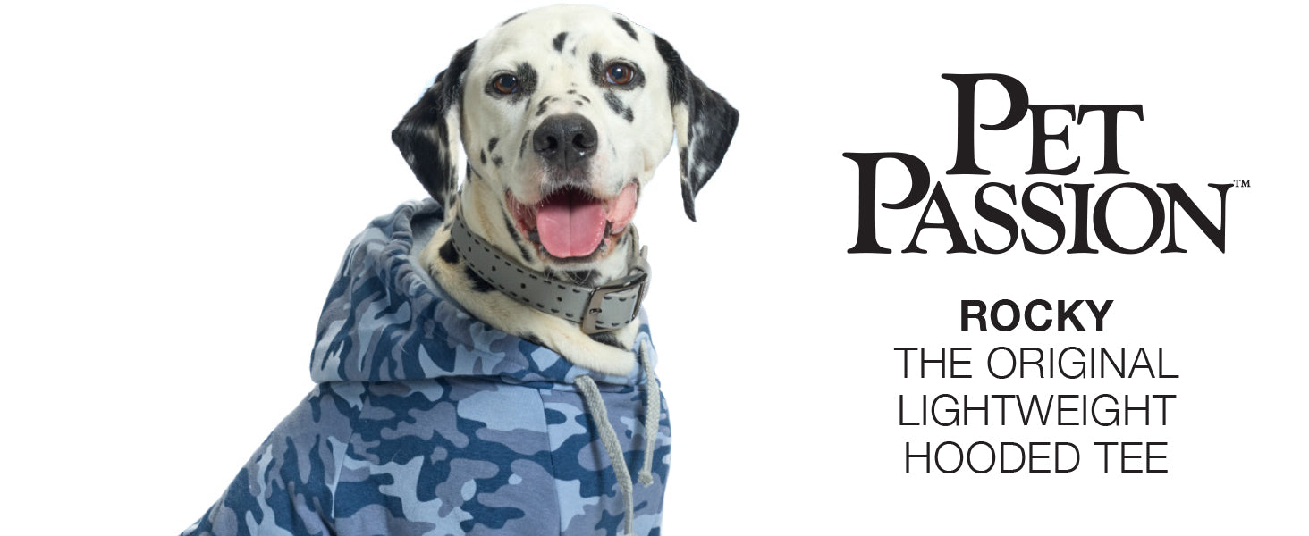 Dog wearing a blue camouflage hoodie with 'Pet Passion' branding on a white background